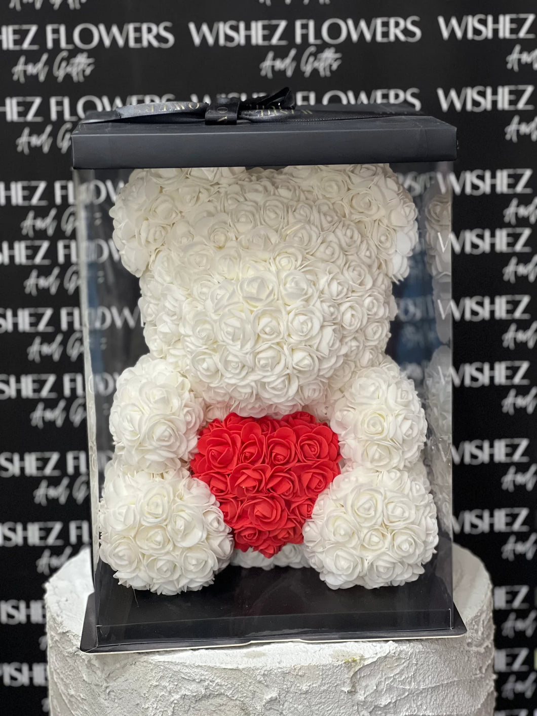 Large White with Red Heart Rose Bear